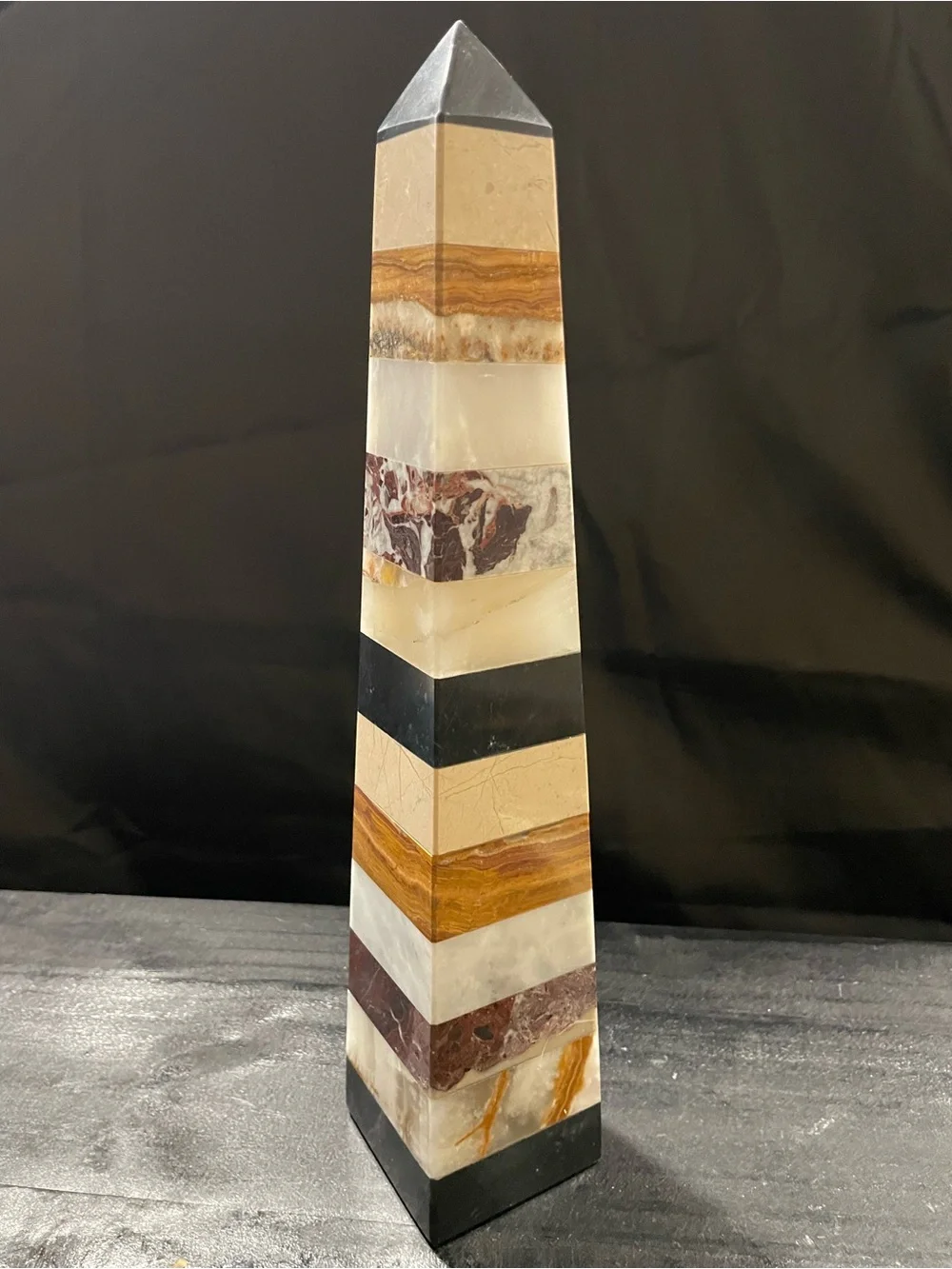 Striped Stone Obelisk Home Accent in Black, Brown, Cream